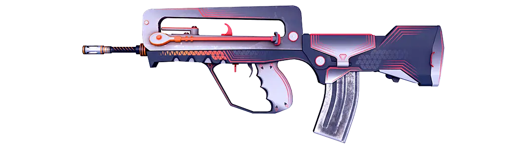 OverviewThe FAMAS Valence features a futuristic design with a blue and black color scheme, highlighted by orange accents and geometric patterns.